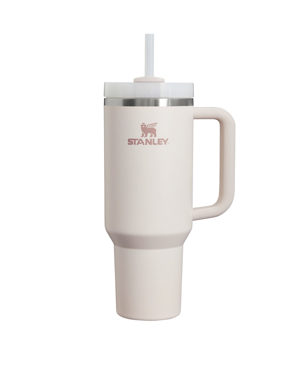 Stanley Quencher H2.0 with stainless steel body and rotating lid, held in a parent's hand while multitasking in a kitchen